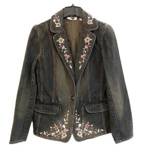 Apostrophe Embroidered Floral Jean Denim Blazer Casual Beautiful Jacket EUC 10